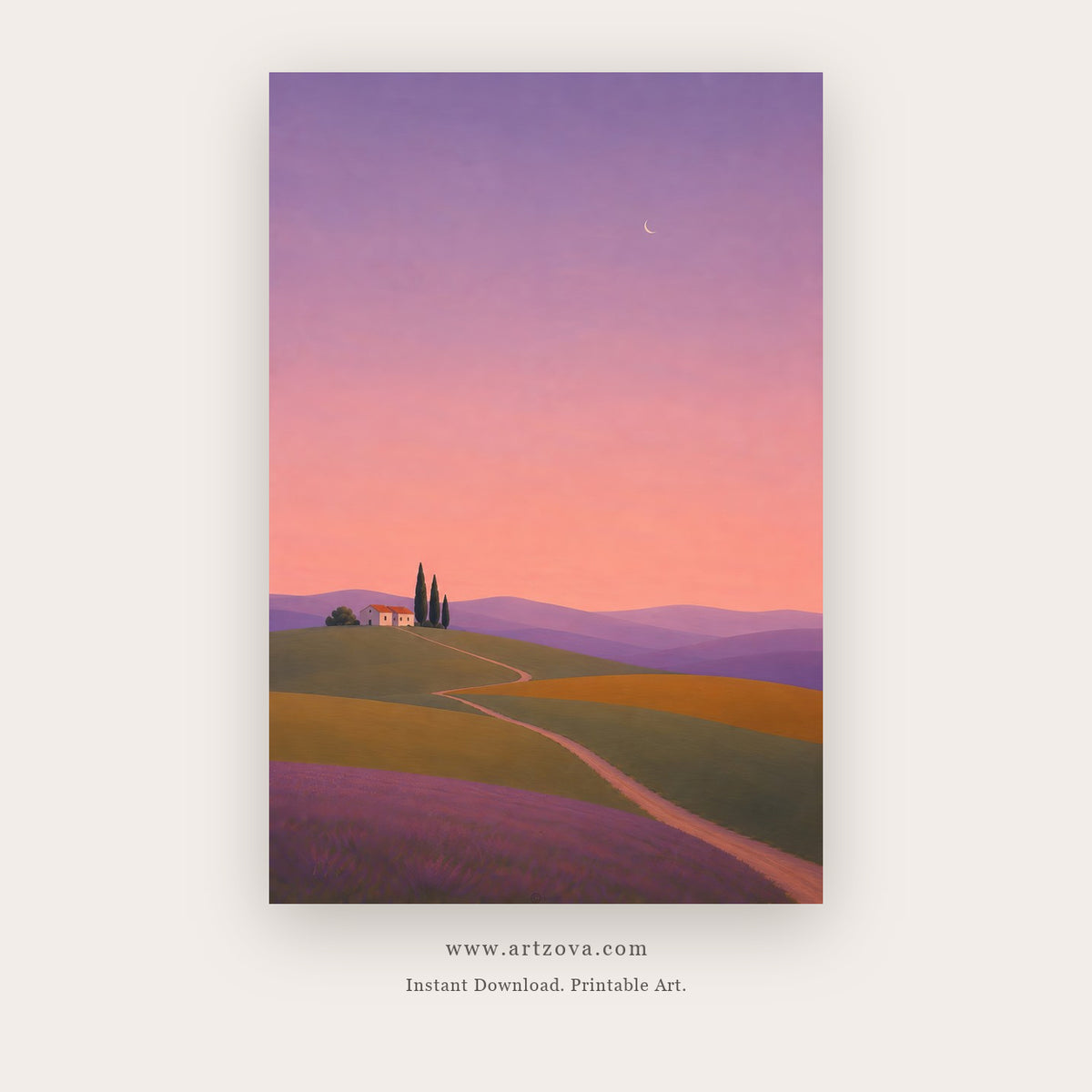 Quiet Road at Sunset – landscape wall art printable in Purple and Peach