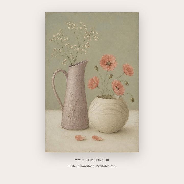 Blush Vases and Poppies – still life art printable in Sage Green and Peach