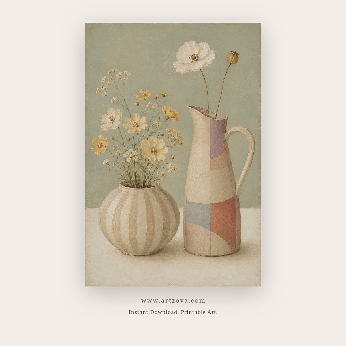Striped Vase Wildflowers – still life art printable in Sage Green and Peach