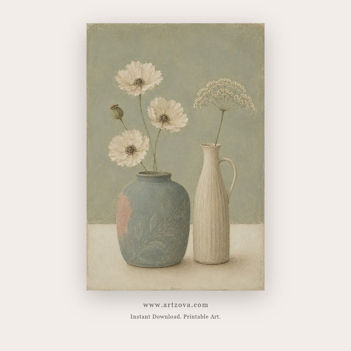 Pale Vases and Daisies – still life art printable in Sage Green and White