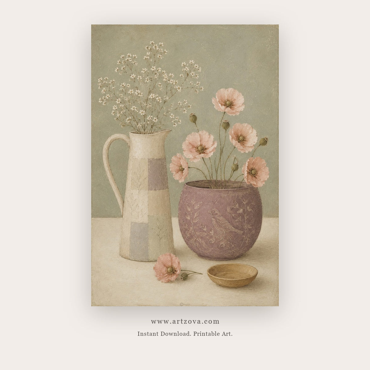 Mauve Pot and Poppies – still life art printable in Sage Green and Purple