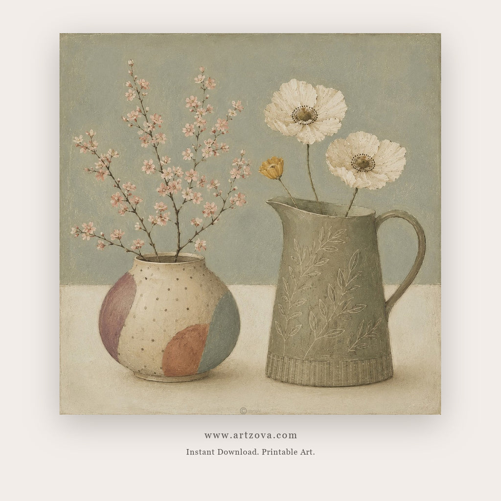 Wild Stems in Patchwork Vases – still life art printable in Sage Green and Peach
