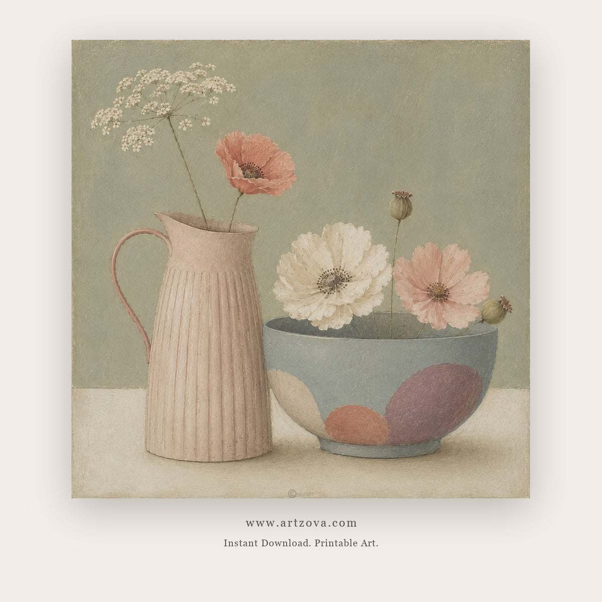 Ribbed Vase Garden – still life art printable in Sage Green and Peach