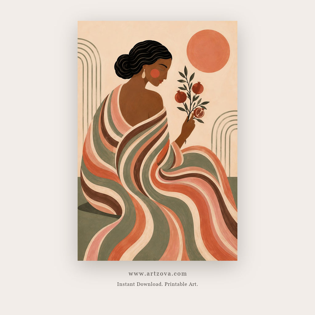 Flowing Woman with Rose – figurative wall art printable in Coral and Tan