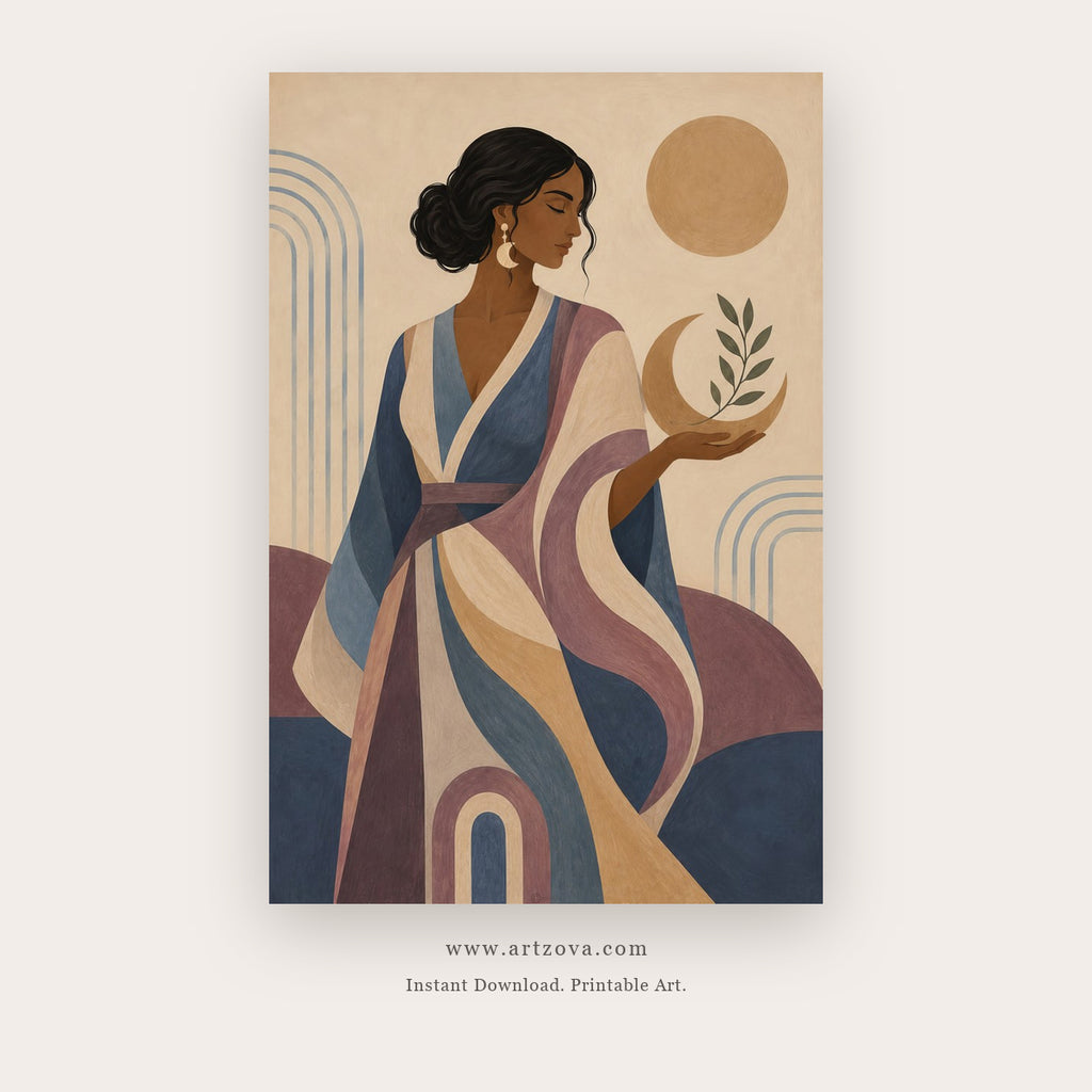 Woman in Blue with Moon – figurative wall art printable in Navy Blue and Tan