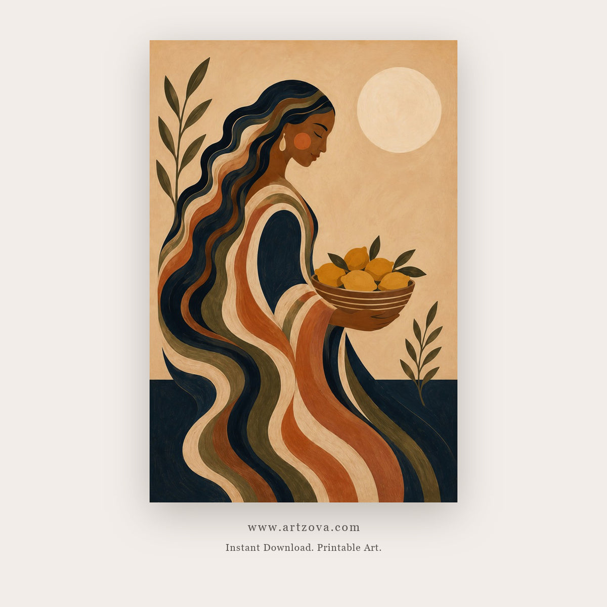 Moonlit Woman with Golden Bowl – figurative wall art printable in Navy Blue and Orange