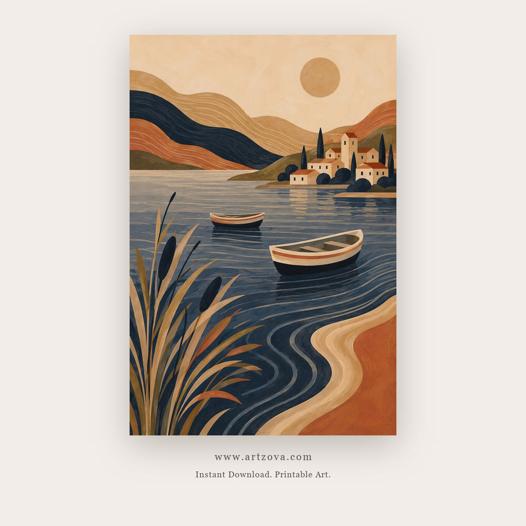 Boats on the Quiet Bay – coastal wall art printable in Navy Blue and Terracotta