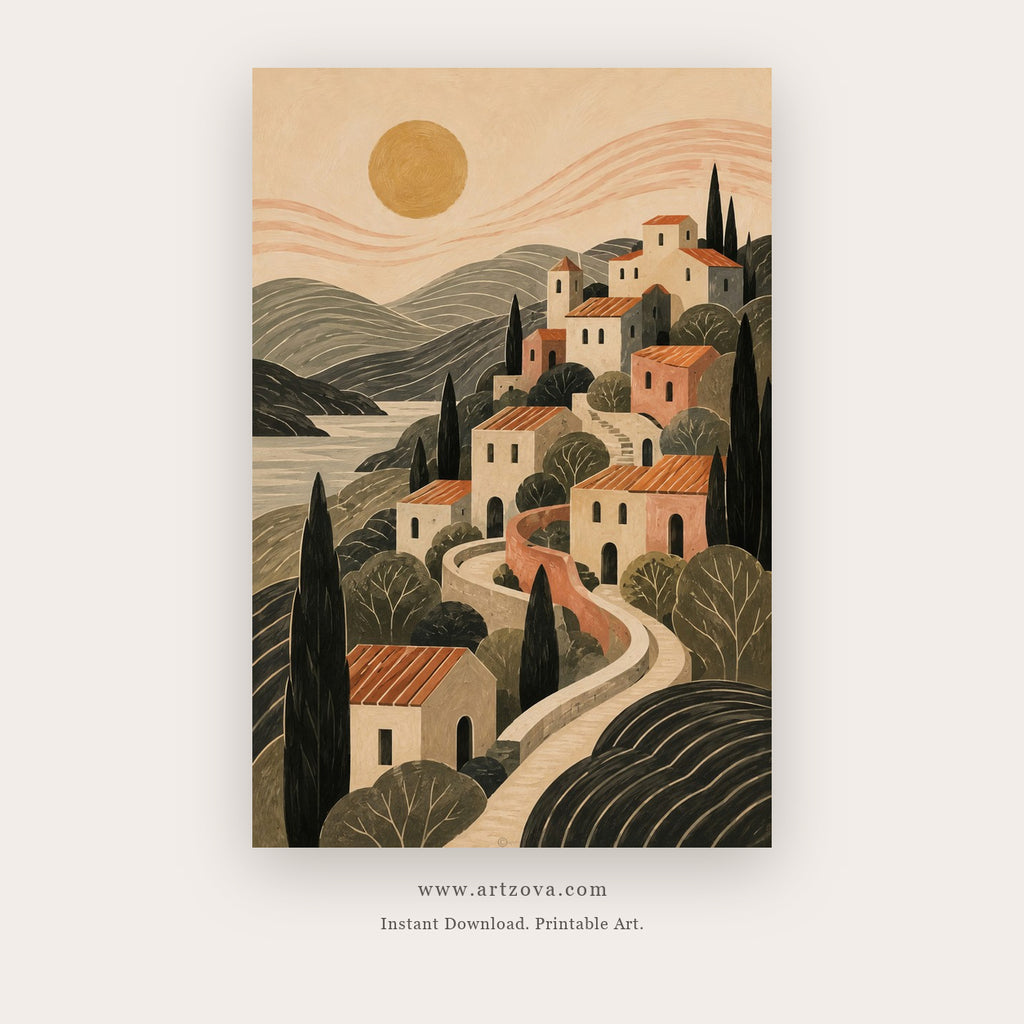 White Hill Village – european theme art printable in Tan and Olive Green