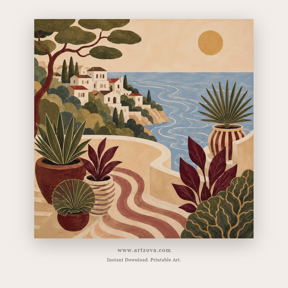 Mediterranean Terrace Garden – european theme art printable in Green and Coral