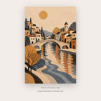 Sunlit Canal Village – european theme art printable in Blue and Orange