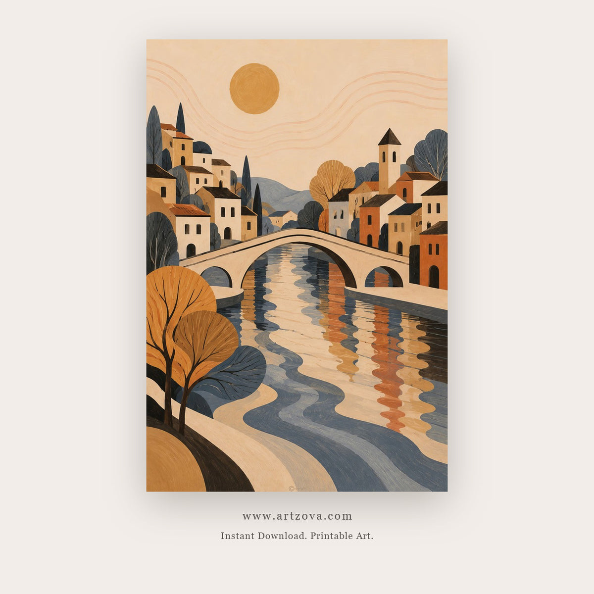 Sunlit Canal Village – european theme art printable in Blue and Orange