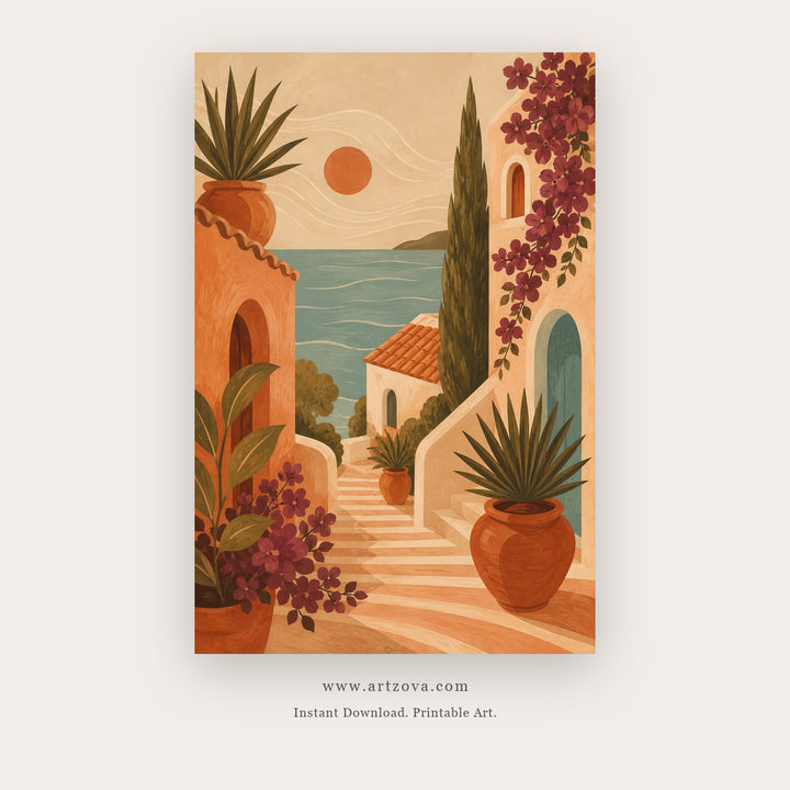 Terracotta Coastal Lane – european theme art printable in Orange and Green