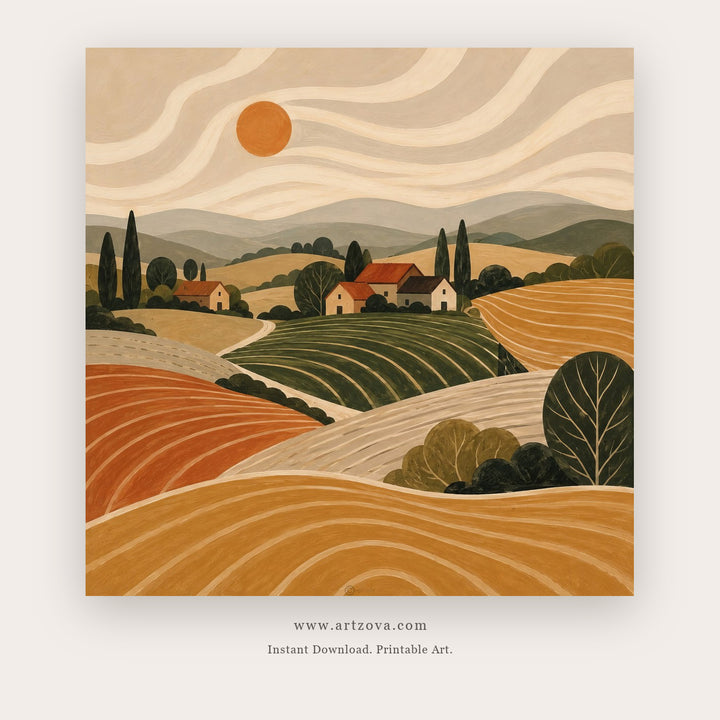 Tuscan Fields in Motion – landscape wall art printable in Tan and Terracotta