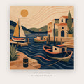 Sailboats at Mediterranean Harbor – coastal wall art printable in Navy Blue and Orange