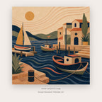 Sailboats at Mediterranean Harbor – coastal wall art printable in Navy Blue and Orange