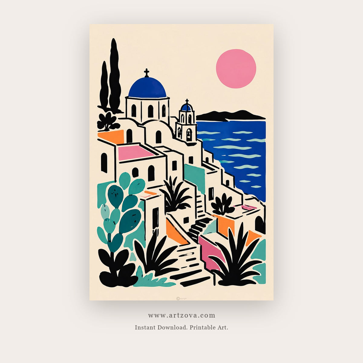 Santorini Blue Domes – european theme art printable in Blue and White
