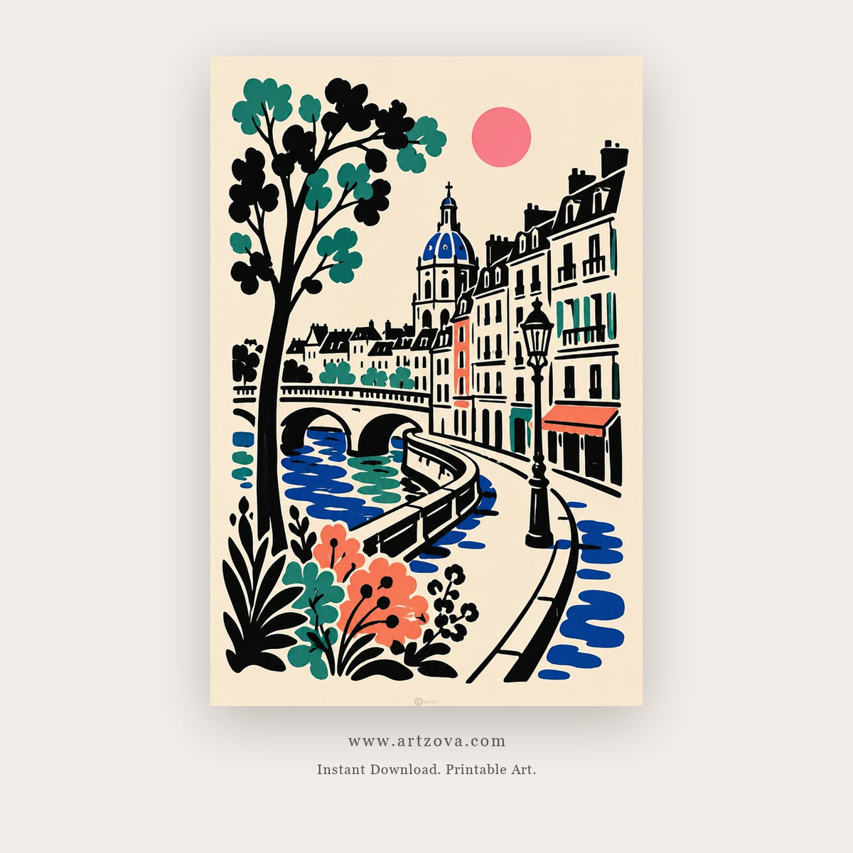European Riverside Promenade – european theme art printable in Blue and Green