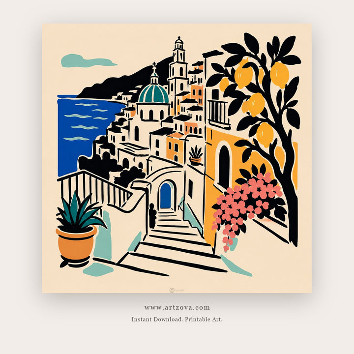 Cliffside Mediterranean Steps – european theme art printable in Blue and Orange
