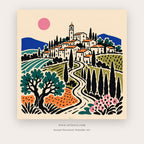 Hill Town Above the Sea – european theme art printable in Green and Blue