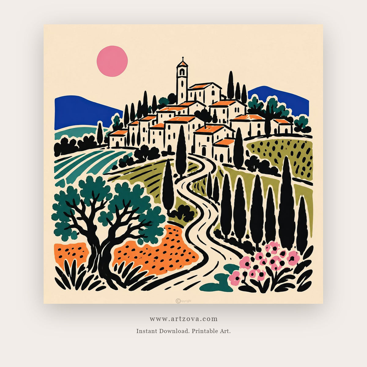 Hill Town Above the Sea – european theme art printable in Green and Blue