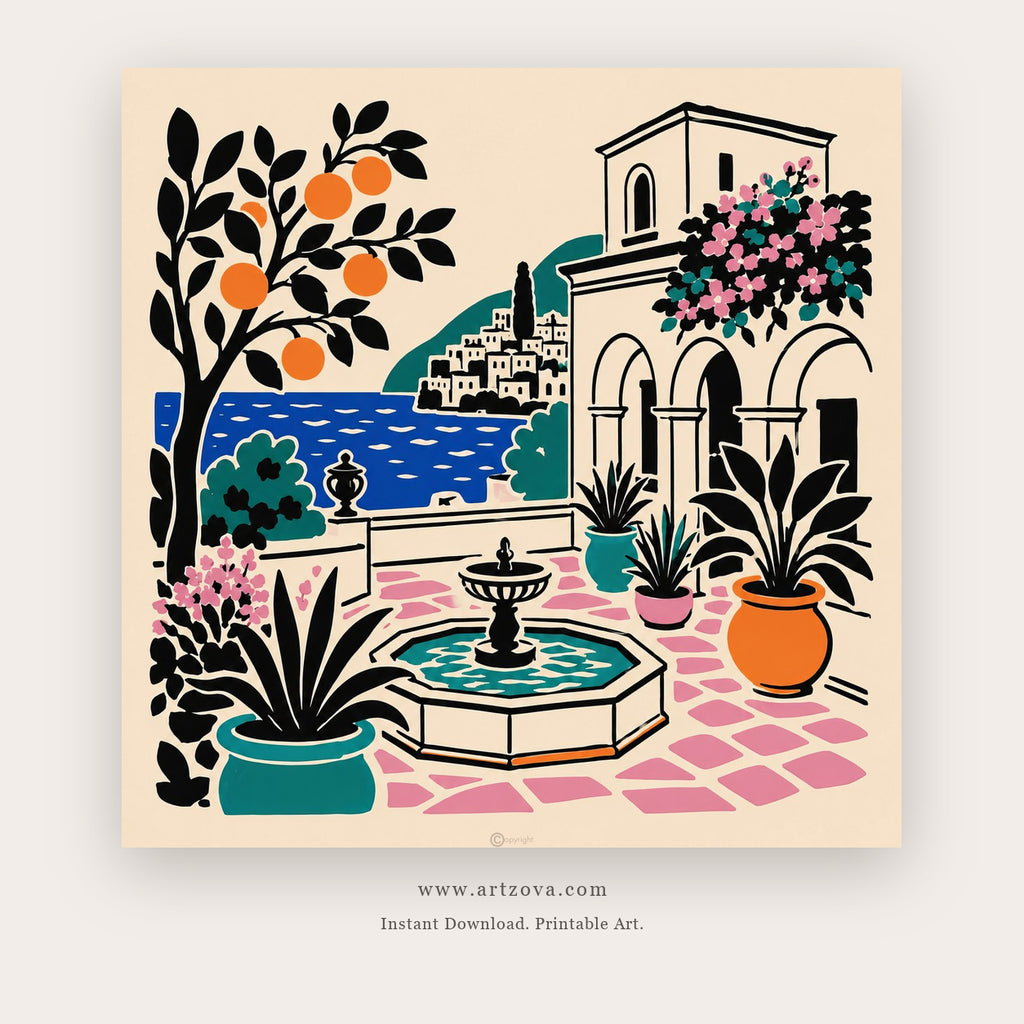 Courtyard Pool by the Sea – european theme art printable in Pink and Green