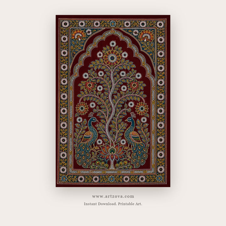 Paisley Tree of Life – indian art printable in Brown and Red