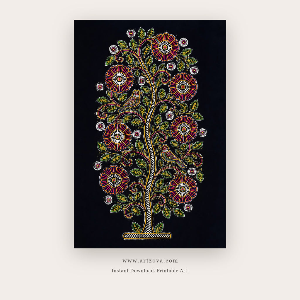 Midnight Floral Tree of Life – indian art printable in Black and Green