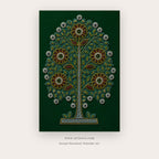 Emerald Folk Tree of Life – indian art printable in Forest Green and Orange