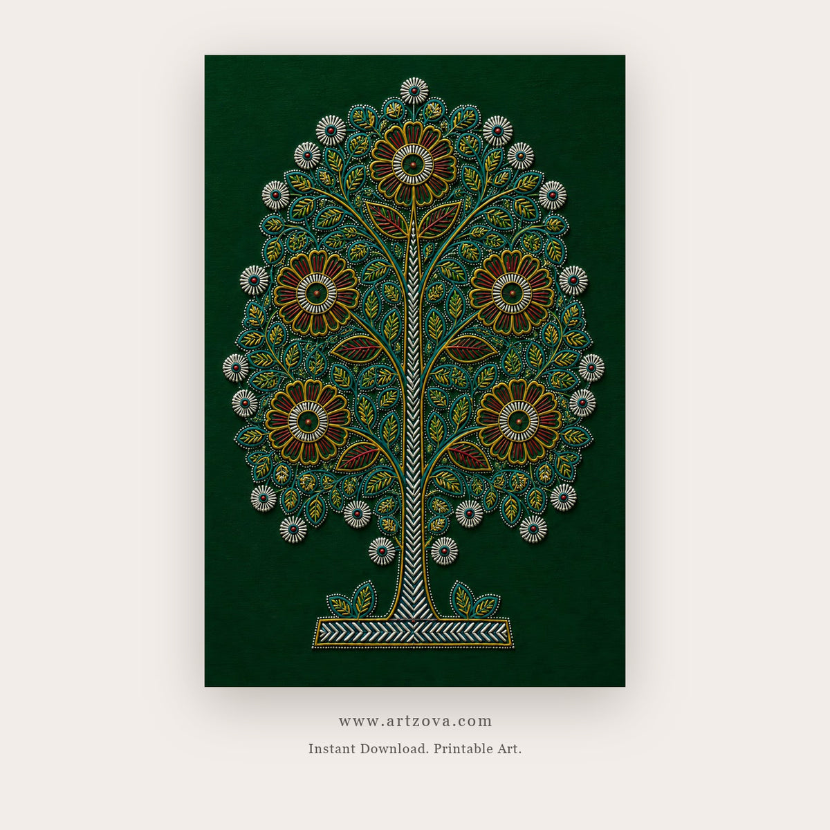 Emerald Folk Tree of Life – indian art printable in Forest Green and Orange