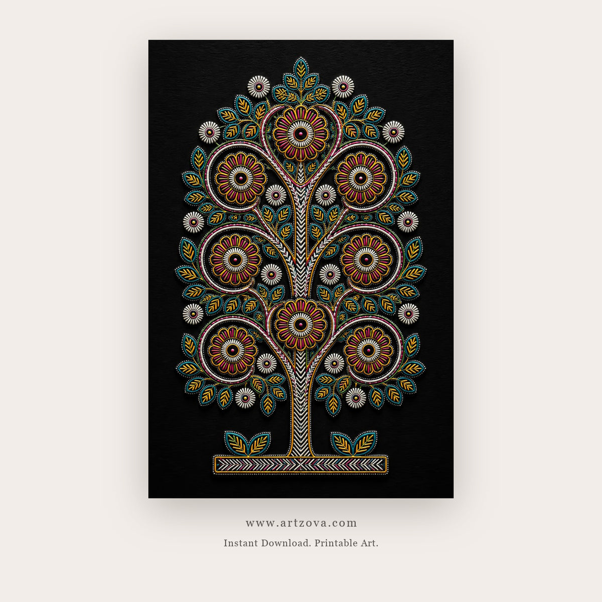 Black Folk Tree of Life – indian art printable in Black and Orange