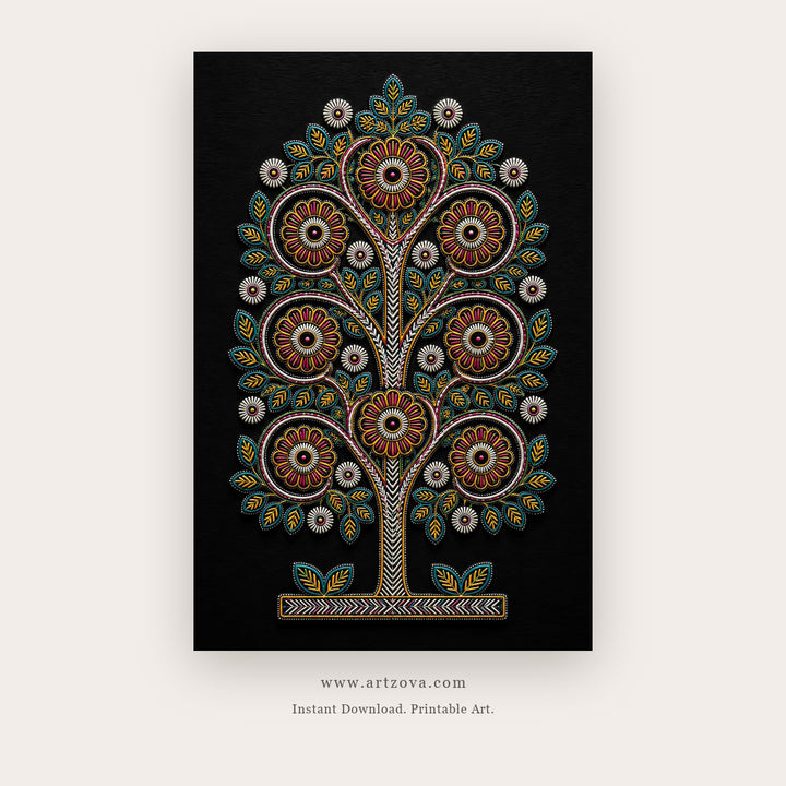 Black Folk Tree of Life – indian art printable in Black and Orange