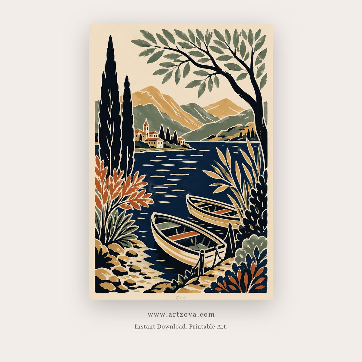 Mountain Lake Through Cypress – landscape wall art printable in Navy Blue and Orange