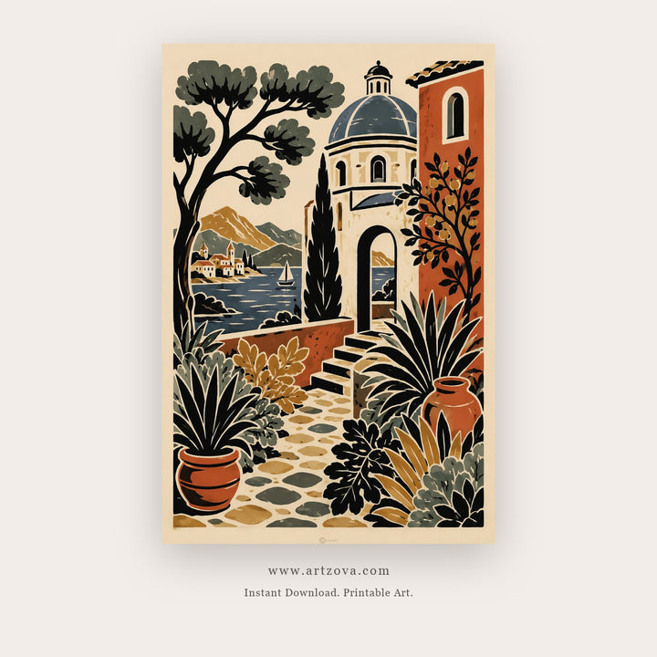 Tuscan Bell Tower Garden – european theme art printable in Orange and Green
