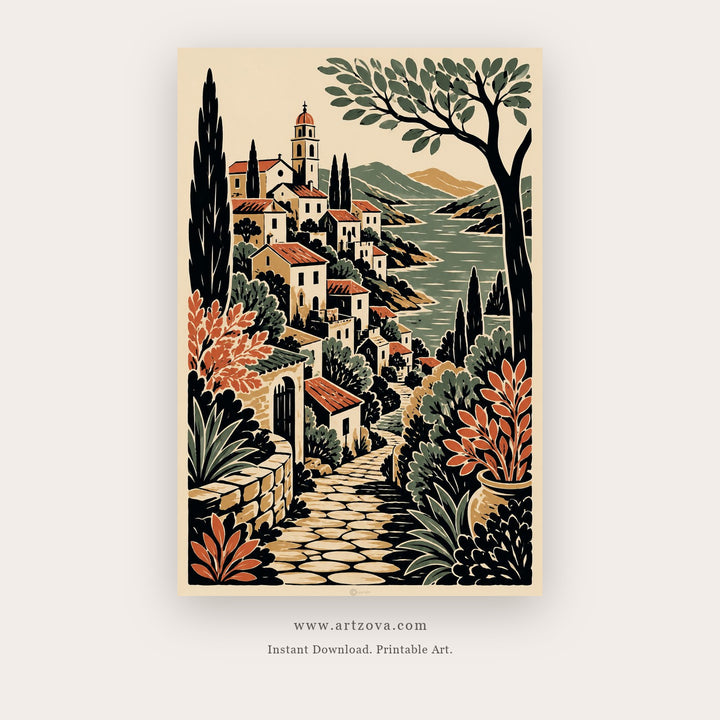Mediterranean Hill Village – european theme art printable in Green and Orange