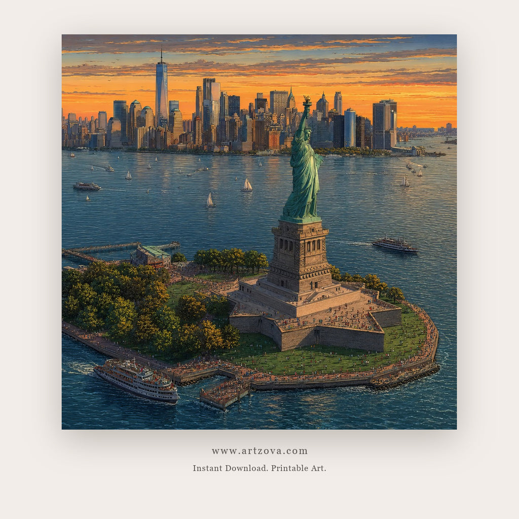 Liberty at Manhattan Sunset – city wall art printable in Navy Blue and Orange