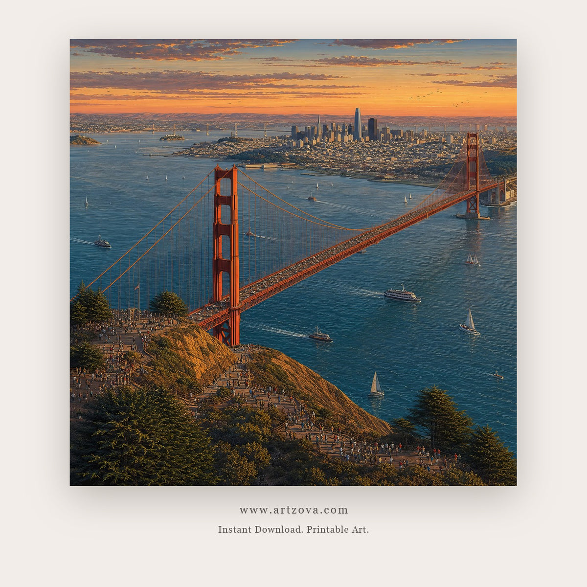 Golden Gate at Sunset – city wall art printable in Blue and Orange