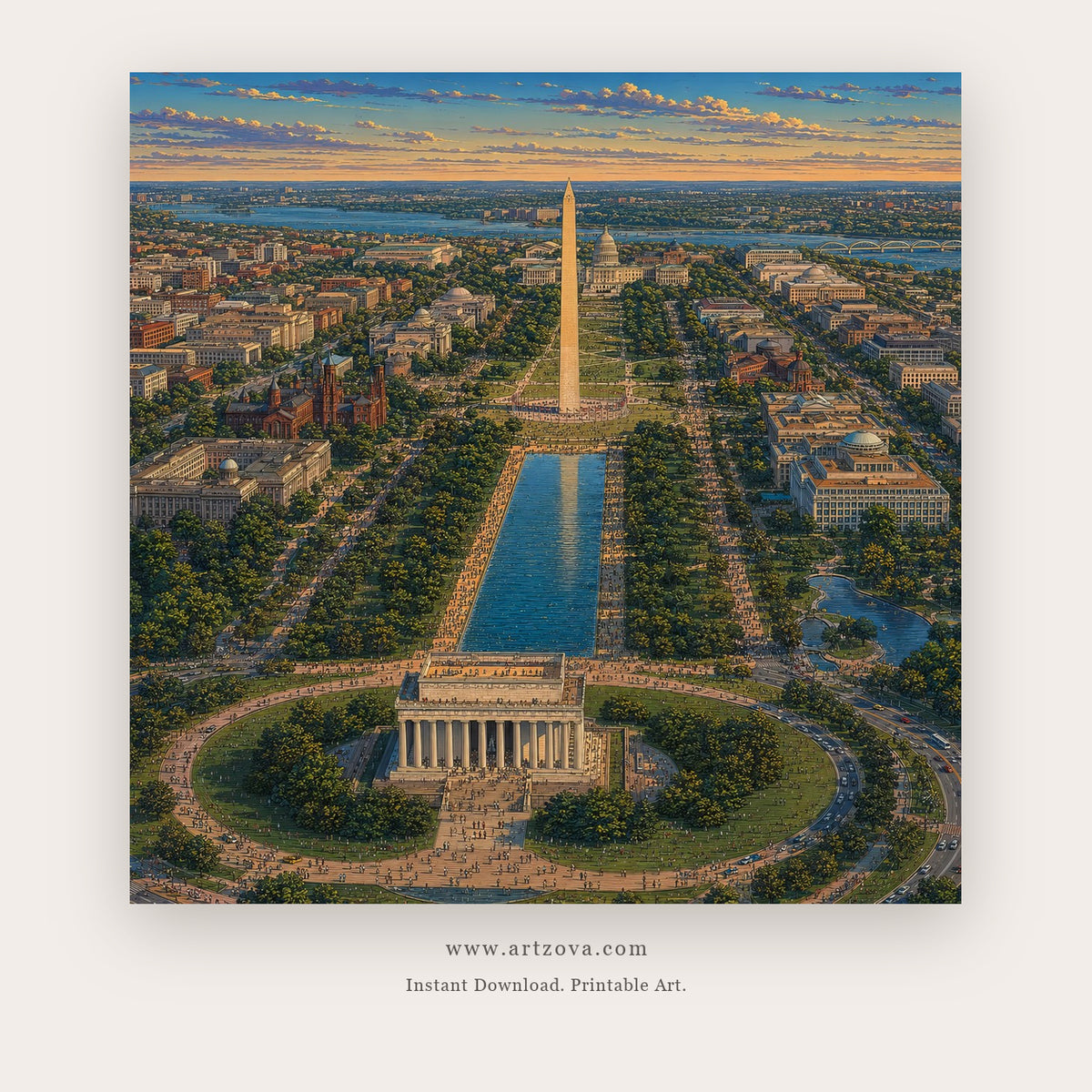 Washington Monument Vista – city wall art printable in Green and Sky Blue