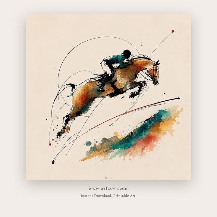 Leaping Polo Horse – figurative wall art printable in Charcoal and Orange