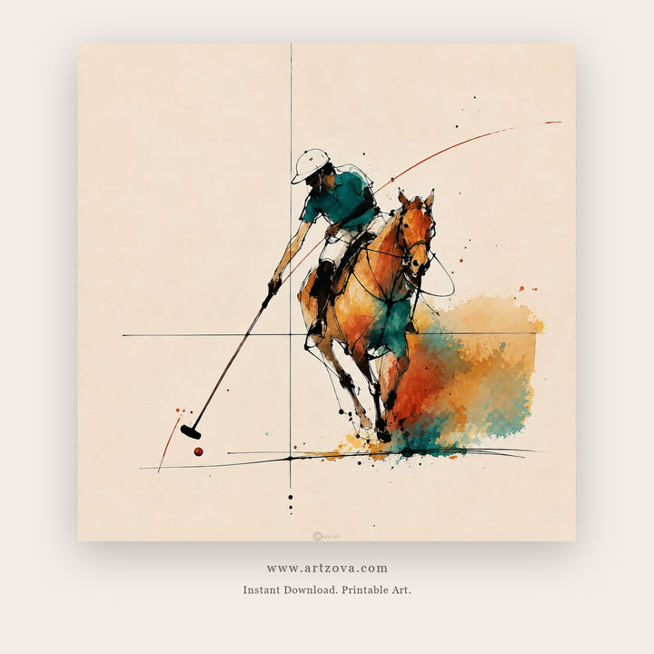 Mounted Polo Study – figurative wall art printable in Teal and Orange