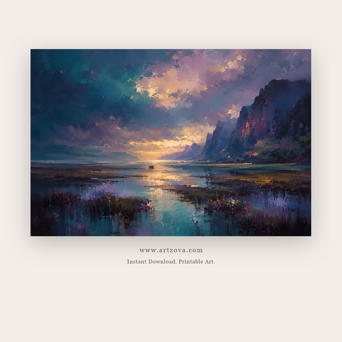 Twilight Mountain Reflection – landscape wall art printable in Blue and Purple