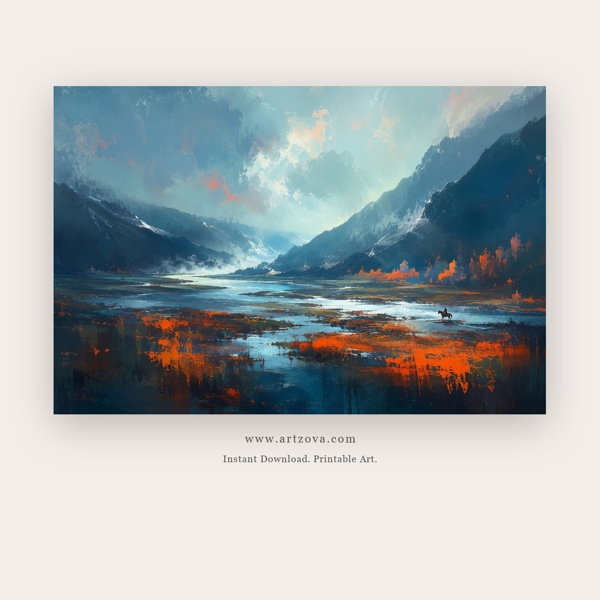 Stormlight Mountain Lake – landscape wall art printable in Teal and Orange