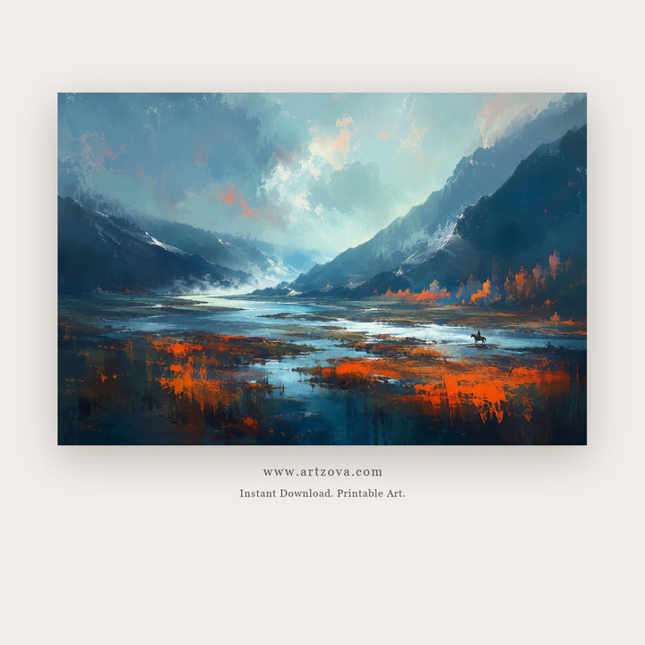Stormlight Mountain Lake – landscape wall art printable in Teal and Orange