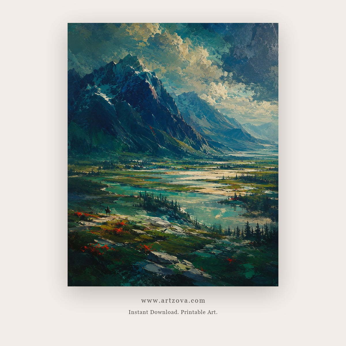 Emerald Mountain Waters – landscape wall art printable in Teal and Forest Green