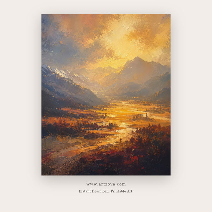 Golden Pass at Dawn – landscape wall art printable in Gold and Gray