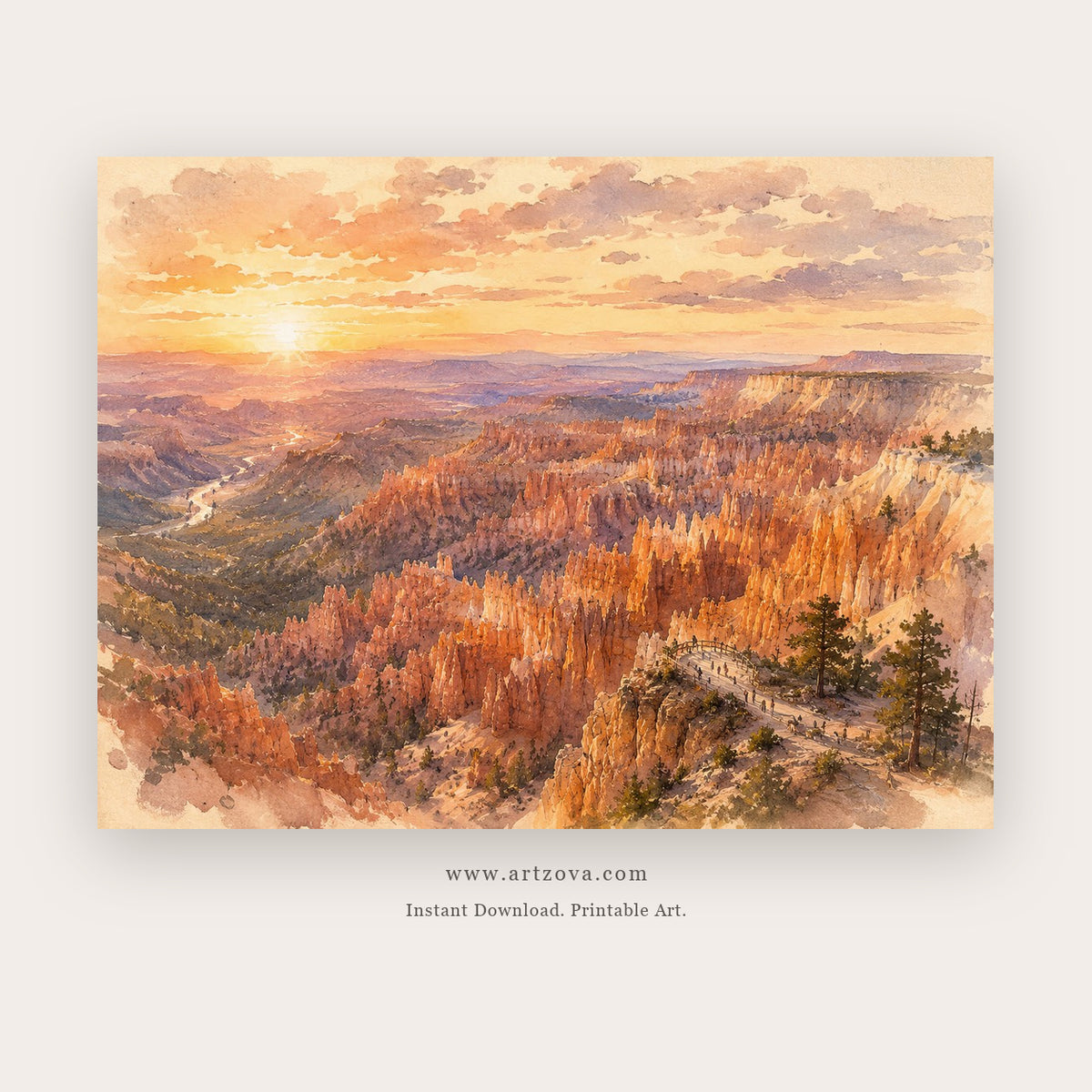 Winter Pines at Sunrise – landscape wall art printable in Gold and White