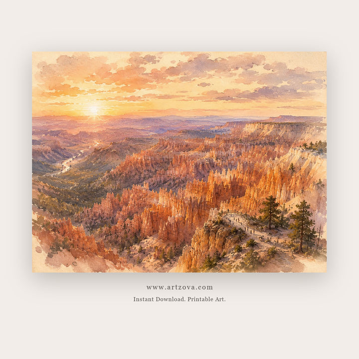 Winter Pines at Sunrise – landscape wall art printable in Gold and White