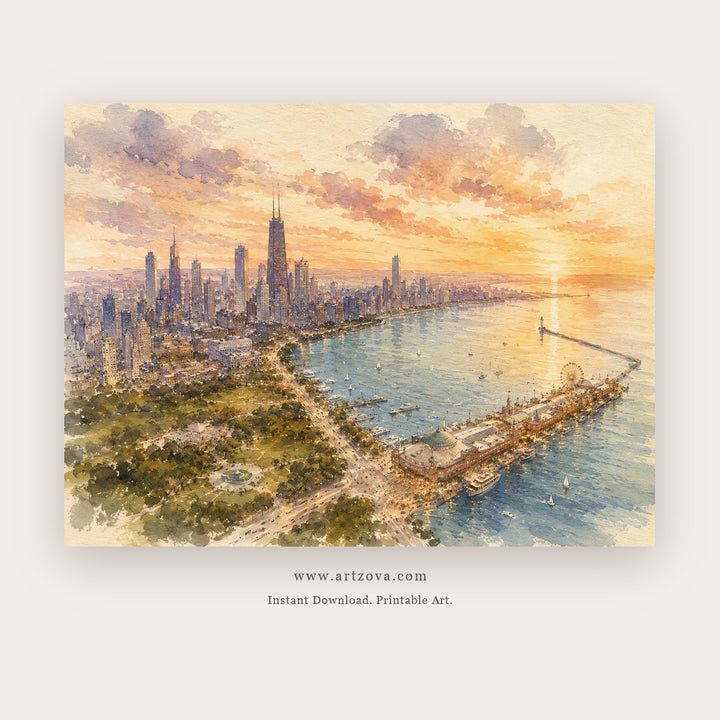 Golden Waterfront Skyline – city wall art printable in Sky Blue and Gold
