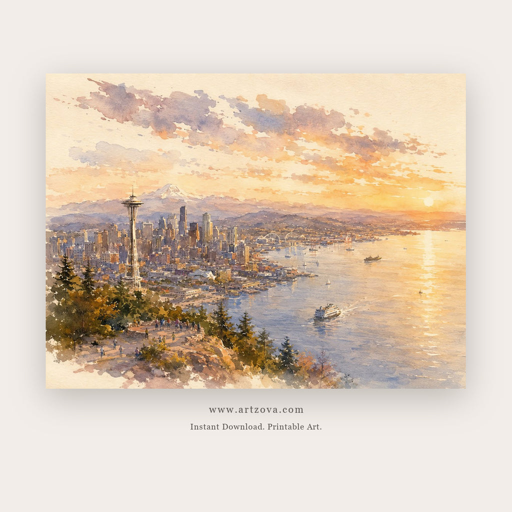 Snowbound City Morning – city wall art printable in Sky Blue and Gold