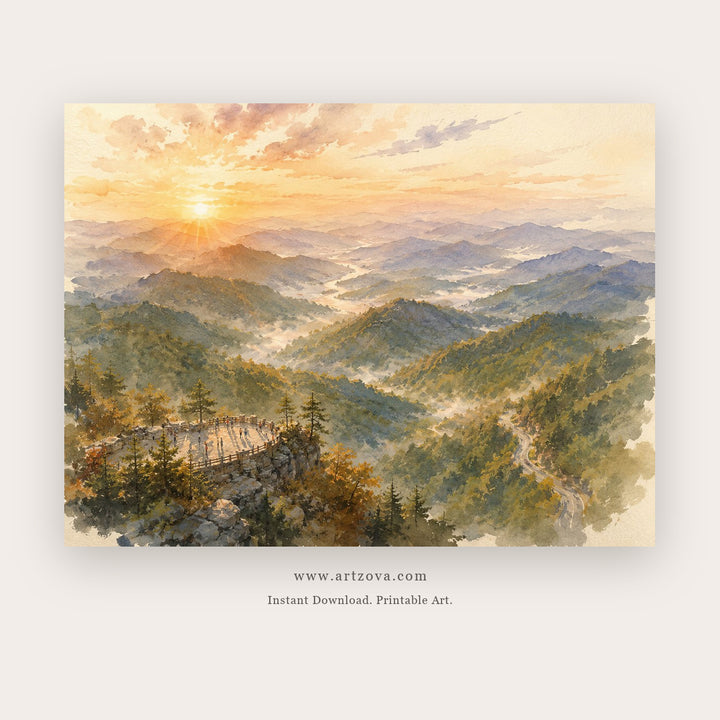 Sunlit Mountain Ridges – landscape wall art printable in Gold and Green