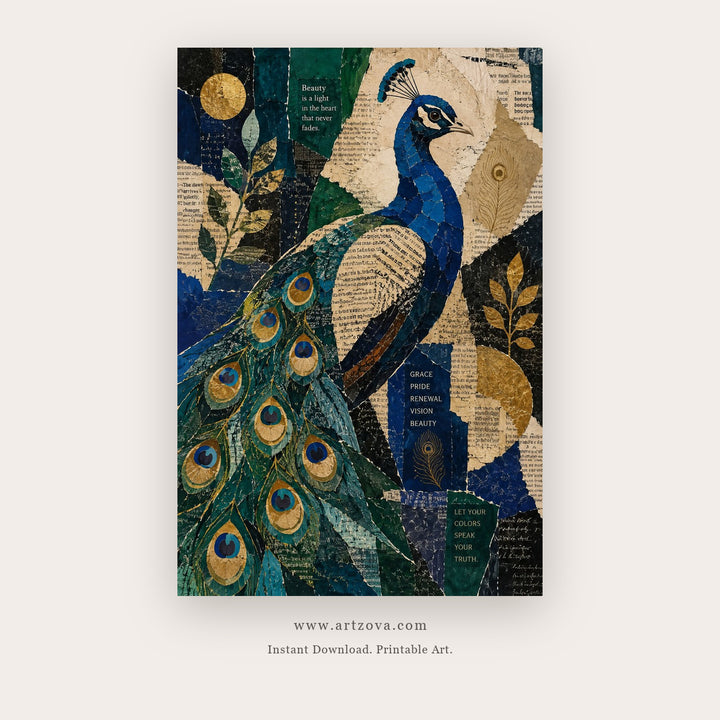 Regal Peacock Collage – bird wall art printable in Navy Blue and Gold